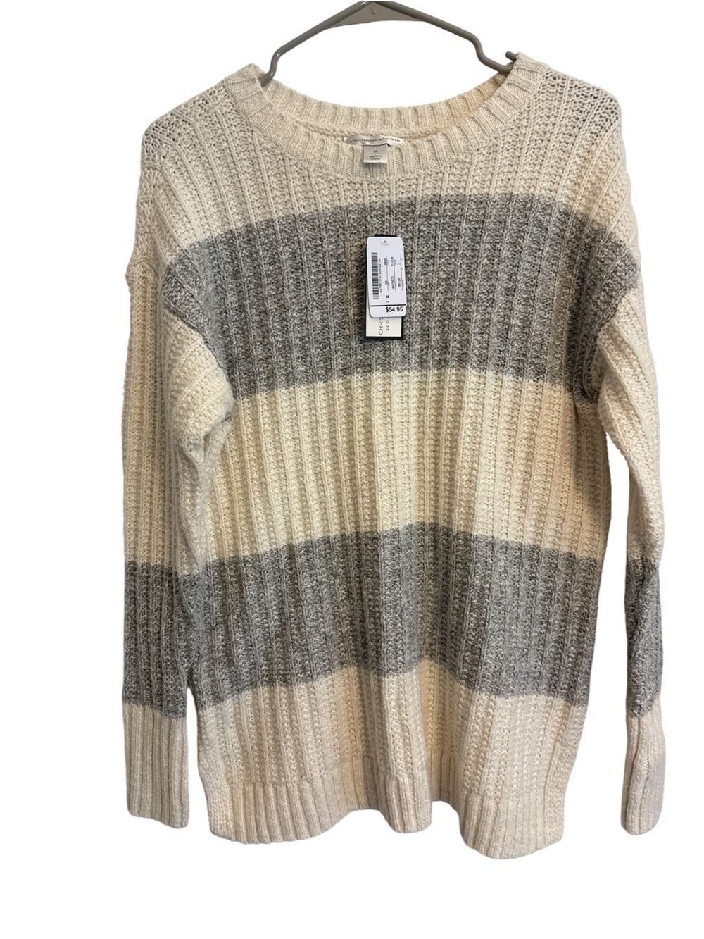 Women's Striped Crewneck Sweater - Cream & Gray Drop shoulder